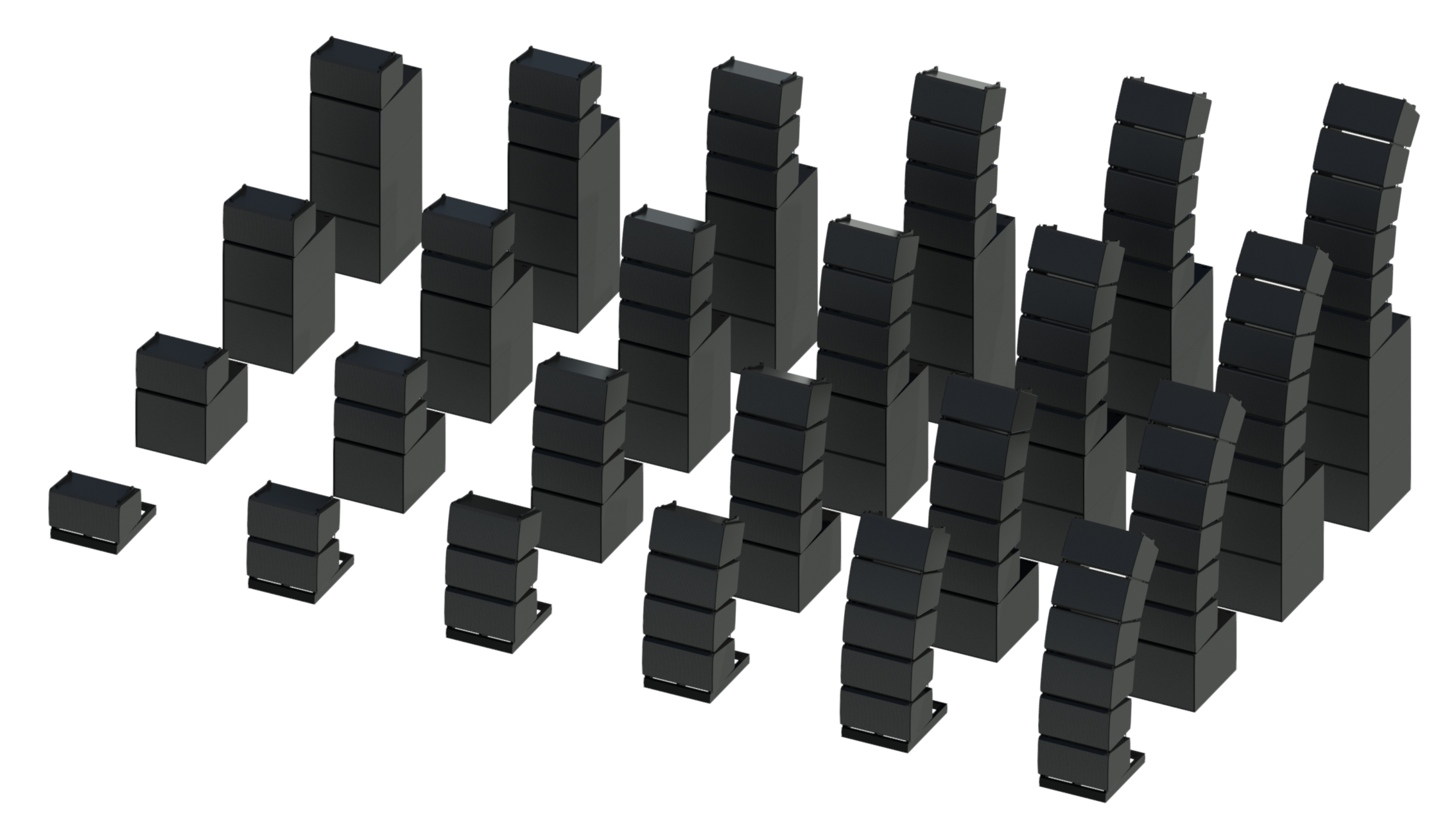 Revit render of PL Series ground stacked line array showing some of the possible types.